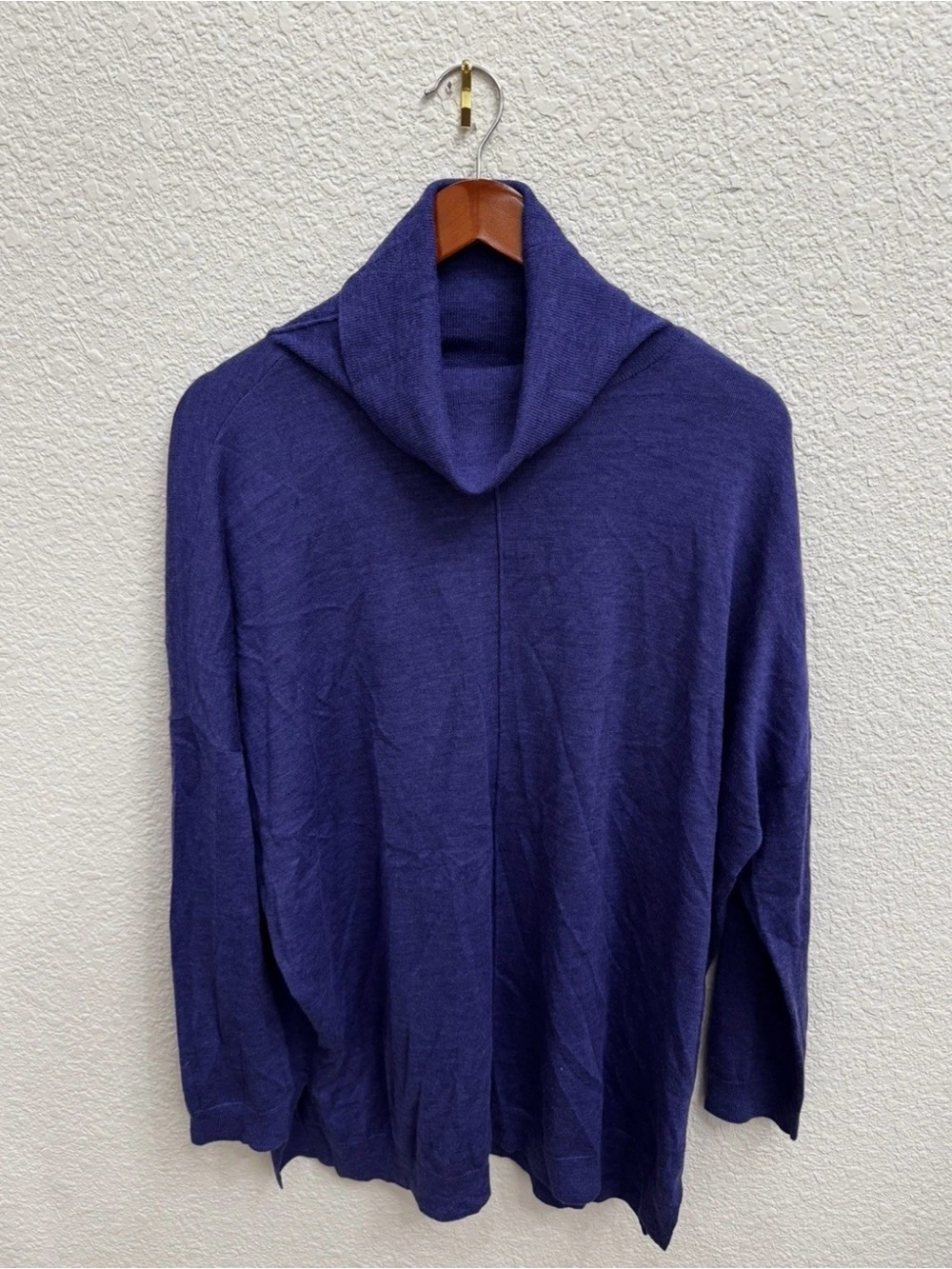 Eileen Fisher 100% Wool Sweater L Purple / Indigo Cowl Turtle Neck Quiet Luxury